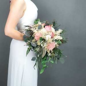 pink lavender ivory sola flowers preserved gypsophila eucalyptus lambs ears greenery heather lace Rustic pastel and deep red bridal bouquet