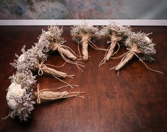 Small ivory rustic wedding SET of 5 BOUQUETS sola Flowers dried limonium burlap lace, bridesmaid bouquet, simple, cheap flowers