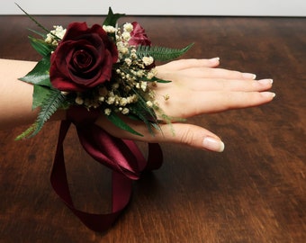 Burgundy roses wrist corsage, Woodland boho wedding mother real flowers and greenery eucalyptus, woodsy realistic natural floral decoration