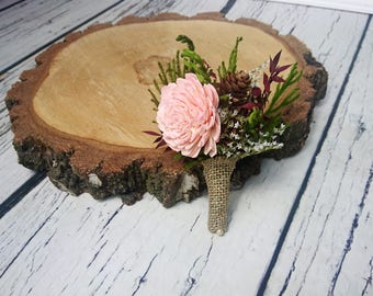 Blush pink maroon rustic woodland wedding BOUTONNIERE groom groomsman Sola Flower pine cone dried flower greenery burgundy green