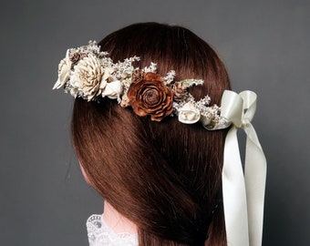 Dried floral CROWN WREATH bridal hairpiece brown cedar rose ivory sola flowers tiny cones rustic wedding satin ribbon fall autumn winter