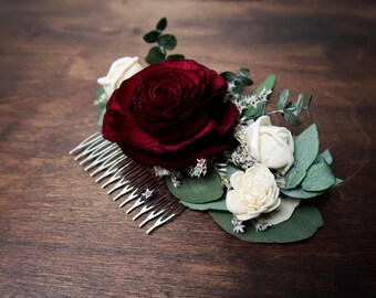 Burgundy rose wedding HAIR COMB Bridal hairpiece ivory Sola Flower baby blue eucalyptus greenery boho style