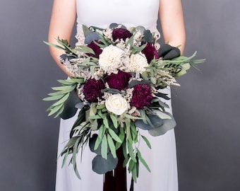 Dark wine boho wedding bouquet, preserved eucalyptus Burgundy ivory sola flowers, vintage style long ribbons, bridal cascading greenery