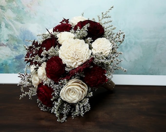 Ivory burgundy sola flower wedding arrangements, dried flowers fall wedding decor, deep red rose bouquet