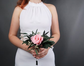 Flower girl wand simple one rose wedding bouquet with real preserved blush pink flower and greenery, sample bouquet baby's breath eucalyptus