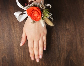 Burnt orange ivory wrist corsage fall wedding sola rose dried flowers grasses autumn wedding bridesmaid mothers flowers