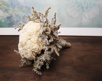 Small ivory rustic wedding BOUQUET Ivory Flowers dried limonium Burlap lace pearls Flower girl Bridesmaids vintage brown custom small toss