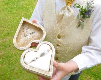 Patinated heart shaped wedding rings box, rustic looking old vintage rustic wedding looks like old