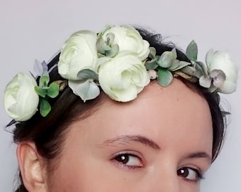 Boda floral rústica CORONA flor de marfil eucalipto bosque cinta de raso Peluquería nupcial romántica original corona de primera comunión
