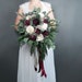 Southwestern boho wedding bouquet preserved eucalyptus Burgundy wine ivory sola flowers vintage style long ribbon bridal cascading greenery