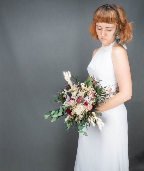 pink lavender ivory sola flowers preserved gypsophila eucalyptus lambs ears greenery heather lace Rustic pastel and deep red bridal bouquet