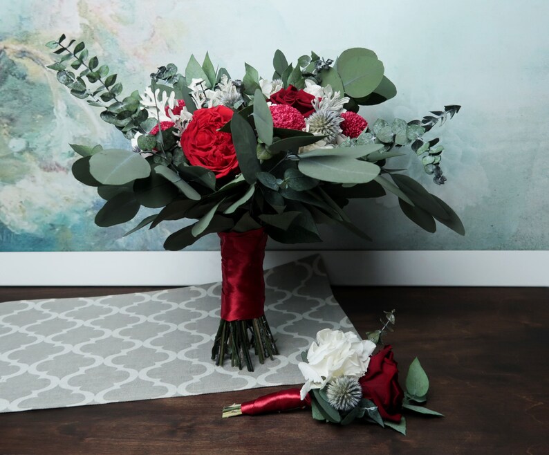 realistic boho southwestern wedding burgundy white greenery real preserved flower thistle rose eucalyptus Deep red wedding bridal bouquet