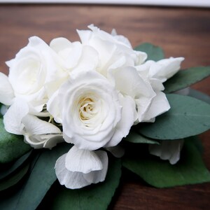 White hydrangea and roses Eucalyptus greenery wedding hair comb Preserved real flowers boho wedding Bridal hairpiece delicate romantic style image 7