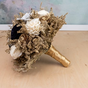 Gold ivory black wedding bouquet bridal elegant retro wedding sola flowers cedar rose dried flowers paper book flowers satin ribbon carnival image 7