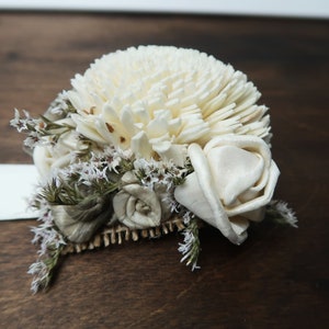 Ivory gray rustic wedding wrist corsage, bridesmaids mothers wooden dried sola flowers image 7