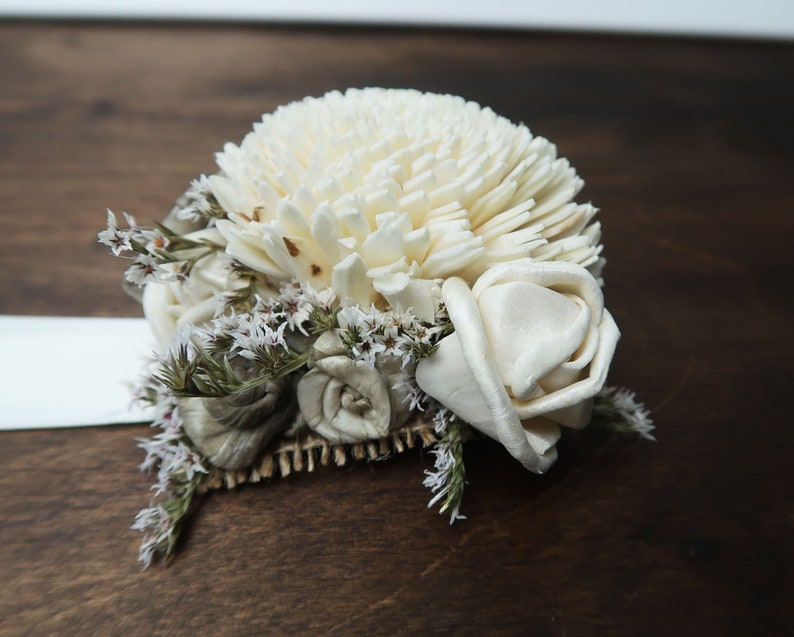 Ivory gray rustic wedding wrist corsage, bridesmaids mothers wooden dried sola flowers image 7