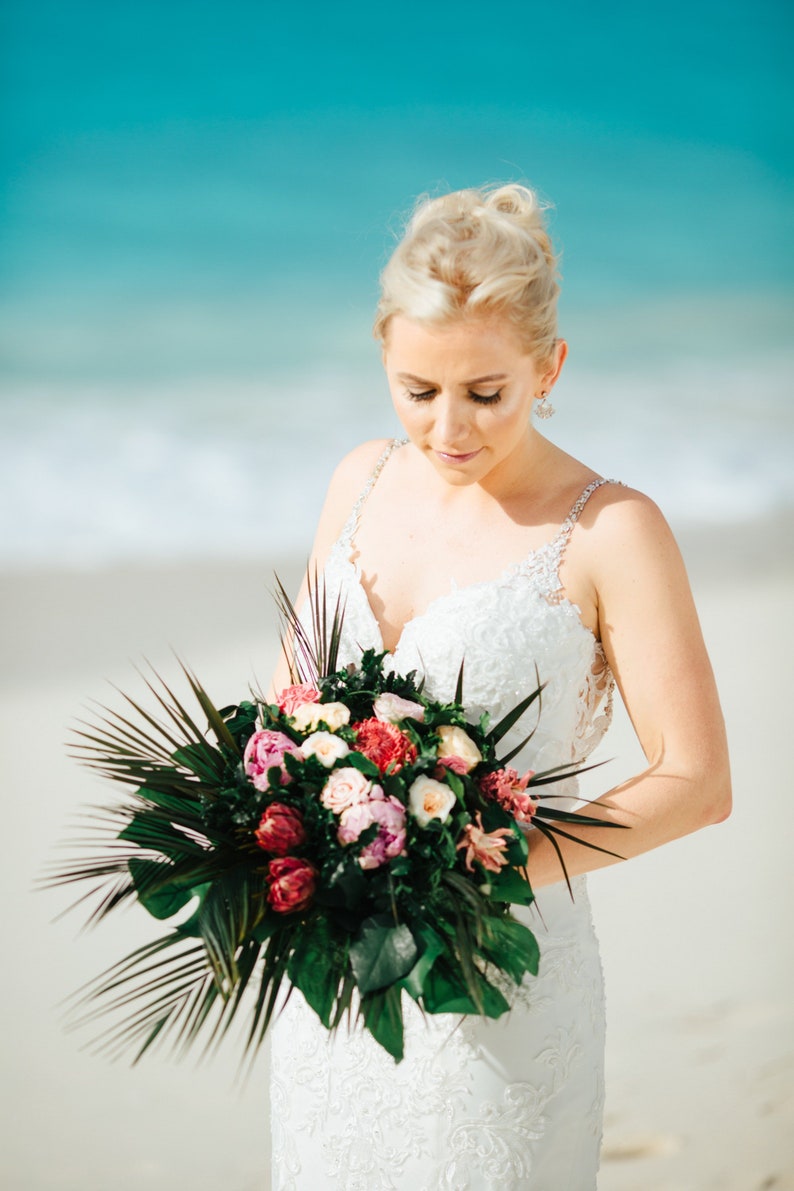 Real preserved flowers tropical cascading bouquet with pineapples proteas palms and monstera leaves, beach wedding, pink peach green bouquet image 1