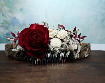 Deep red rose hair comb, Alternative bride, Burgundy rustic woodland Sola and dried Flowers maroon burlap hair piece bridal accessory gothic