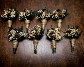 Natural winter wedding woodland pine cone boutonniere, preserved conifer and gypsophila, forest greenery,jute twine, realistic flowers