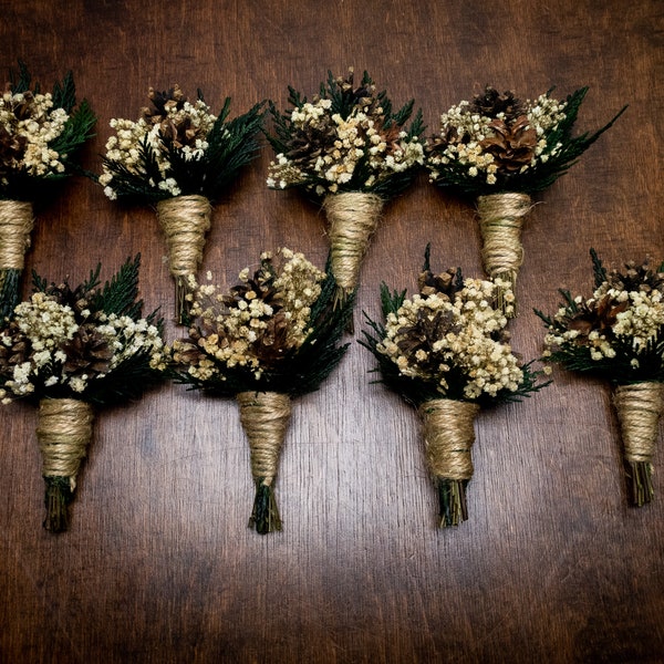 Natural winter wedding woodland pine cone boutonniere, preserved conifer and gypsophila, forest greenery,jute twine, realistic flowers