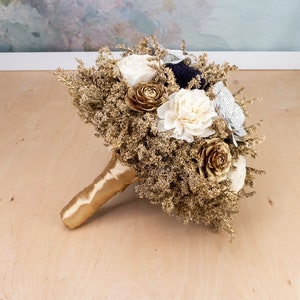 Gold ivory black wedding bouquet bridal elegant retro wedding sola flowers cedar rose dried flowers paper book flowers satin ribbon carnival image 5