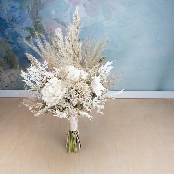 Boho chic pampas grass wedding bouquet, neutrals dried flower bouquet, glamour rustic boutonniere, neutral color bridal hair comb hairpiece