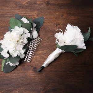 White hydrangea and roses Eucalyptus greenery wedding hair comb Preserved real flowers boho wedding Bridal hairpiece delicate romantic style image 10