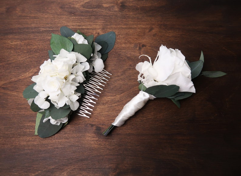 White hydrangea and roses Eucalyptus greenery wedding hair comb Preserved real flowers boho wedding Bridal hairpiece delicate romantic style image 10