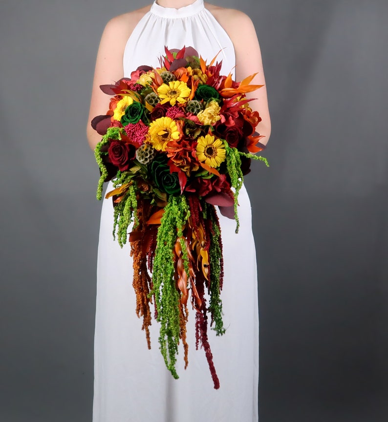 Cascading fall colors wedding bouquet with real preserved ...