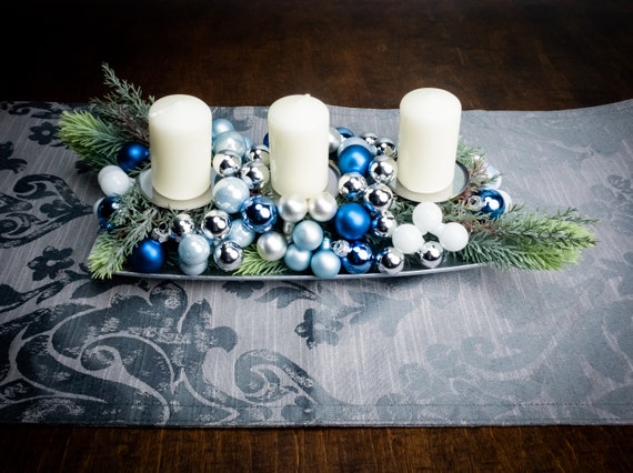Christmas Table Decoration Silver And Blue Winter Wedding Etsy