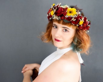 Realistic bridal floral crown in deep red and yellow, real preserved flowers and eucalyptus greenery, rose hydrangea sunflower, fall wedding