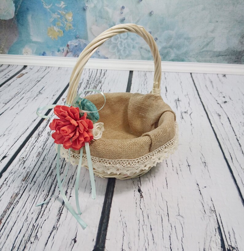 Flower Girl Basket Beach Wedding Coral Mint Decoration With Sola Flowers And Burlap Rustic Woodland Summer Spring Wedding