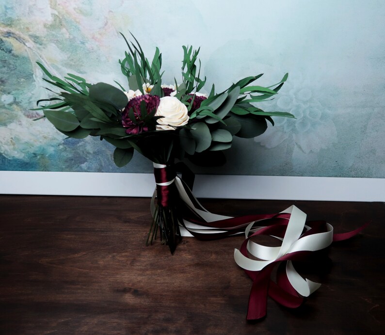 preserved eucalyptus vintage style long ribbons bridesmaid flowers burgundy wine ivory sola flowers Boho southwestern wedding bouquet