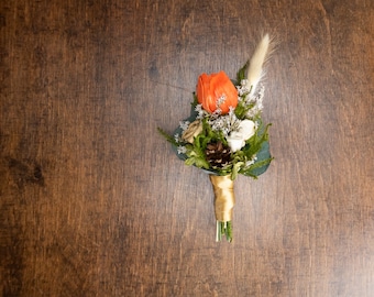 Fall wedding Groom's boutonniere gold green burnt orange flowers, autumn wedding, preserved eucalyptus