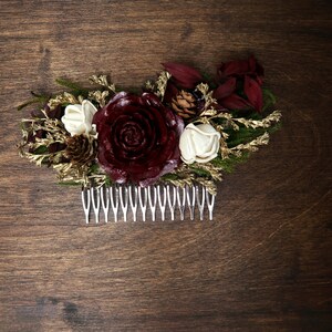 Green burgundy gold HAIR COMB cedar rose sola flowers rustic woodland wedding burlap hair piece bridal accessory image 2