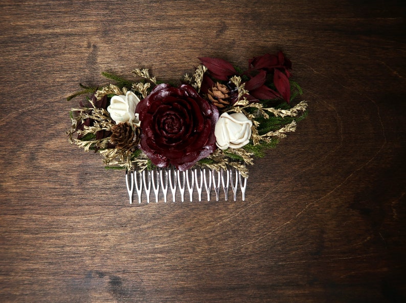 Green burgundy gold HAIR COMB cedar rose sola flowers rustic woodland wedding burlap hair piece bridal accessory image 2