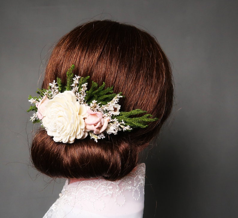 Romantic hair piece bridal accessory HAIR COMB Dried flowers sola Ivory green blush pink rustic woodland wedding cypress greenery burlap image 5