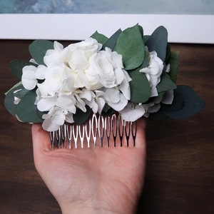 White hydrangea and roses Eucalyptus greenery wedding hair comb Preserved real flowers boho wedding Bridal hairpiece delicate romantic style image 9