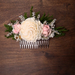 Romantic hair piece bridal accessory HAIR COMB Dried flowers sola Ivory green blush pink rustic woodland wedding cypress greenery burlap image 7