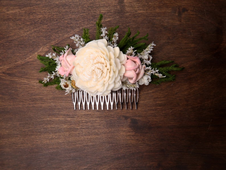 Romantic hair piece bridal accessory HAIR COMB Dried flowers sola Ivory green blush pink rustic woodland wedding cypress greenery burlap image 7