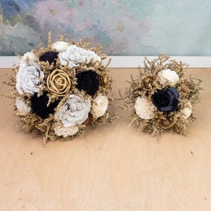 Gold ivory black wedding bouquet bridal elegant retro wedding sola flowers cedar rose dried flowers paper book flowers satin ribbon carnival image 3