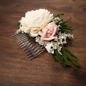 Romantic hair piece bridal accessory HAIR COMB Dried flowers sola Ivory green blush pink rustic woodland wedding cypress greenery burlap image 2