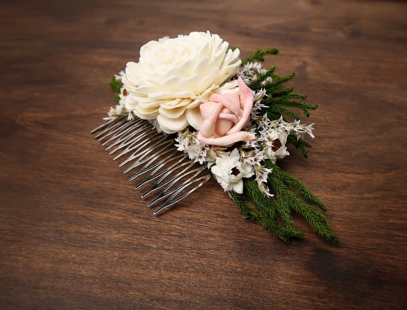 Romantic hair piece bridal accessory HAIR COMB Dried flowers sola Ivory green blush pink rustic woodland wedding cypress greenery burlap image 2