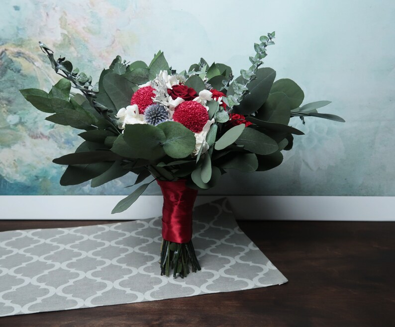 realistic boho southwestern wedding burgundy white greenery real preserved flower thistle rose eucalyptus Deep red wedding bridal bouquet