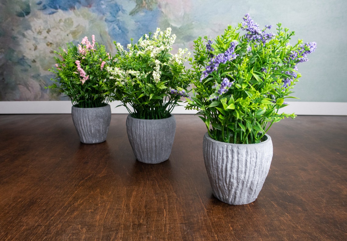 Simple Artificial Flowers Table Centerpiece Concrete Pot Etsy