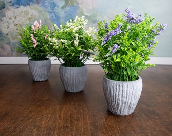 Simple artificial flowers table centerpiece, concrete pot table arrangement, wedding centerpiece lilac pink white