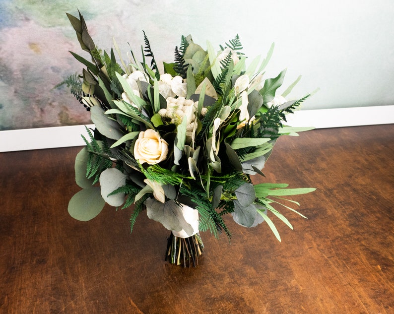 Woodland boho wedding bouquet, champagne real flowers and woodsy greenery eucalyptus ferns, realistic natural floral decoration image 10