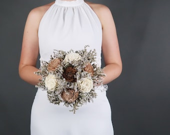 Ivory brown caramel beige sola flowers wedding BOUQUET dried limonium burlap lace Flower girl Bridesmaids rustic woodland toss