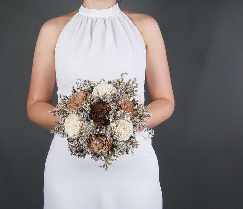 Ivory brown caramel beige sola flowers wedding BOUQUET dried limonium burlap lace Flower girl Bridesmaids rustic woodland toss image 1