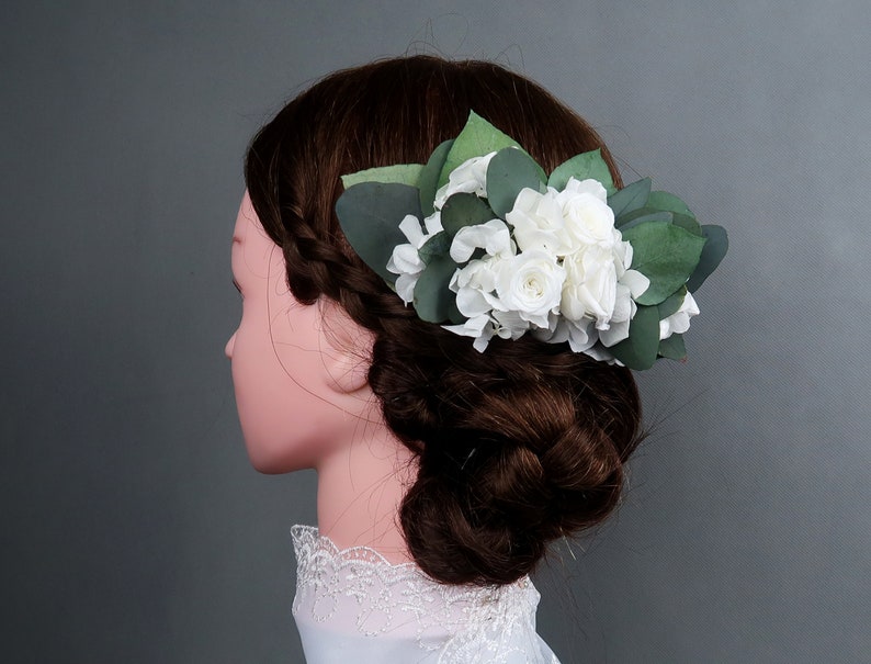 White hydrangea and roses Eucalyptus greenery wedding hair comb Preserved real flowers boho wedding Bridal hairpiece delicate romantic style image 4